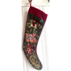 Vintage Holiday Needlepoint Stocking Traditional Christmas Scene